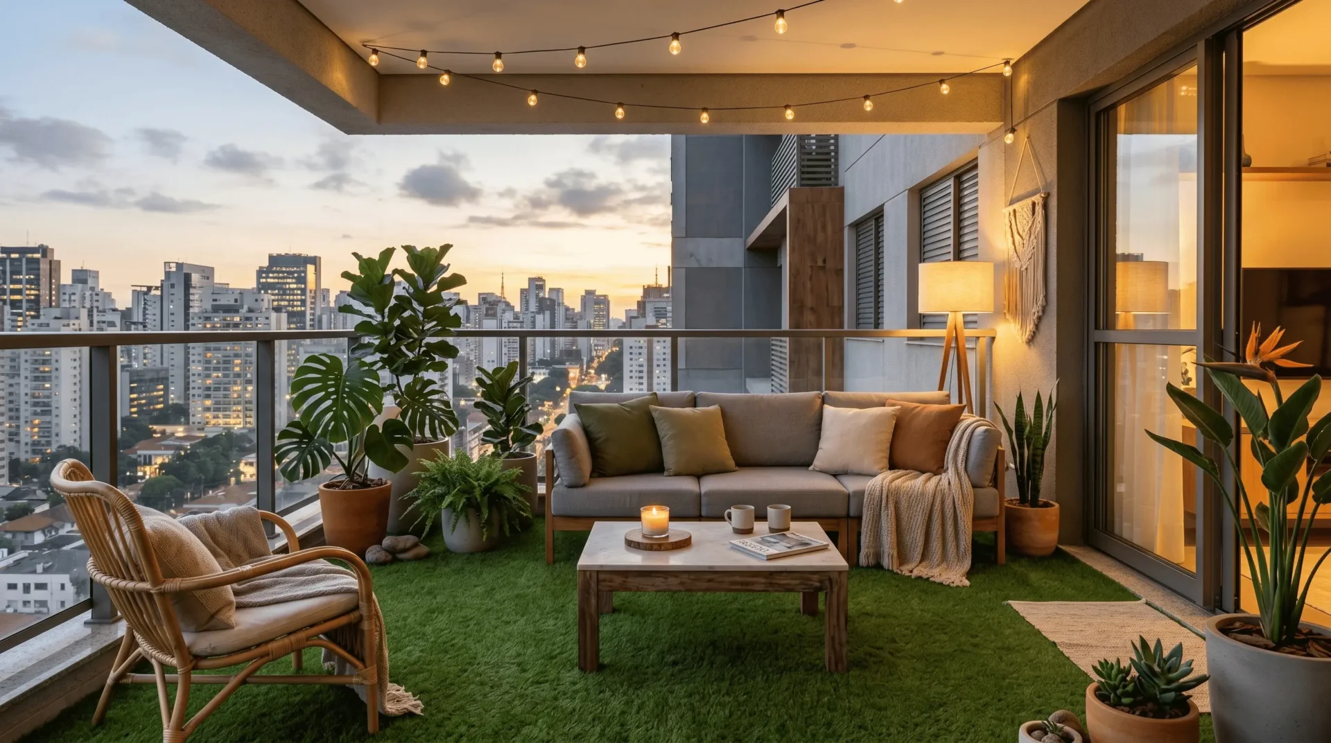 Sacada moderna de apartamento decorada com grama sintética premium