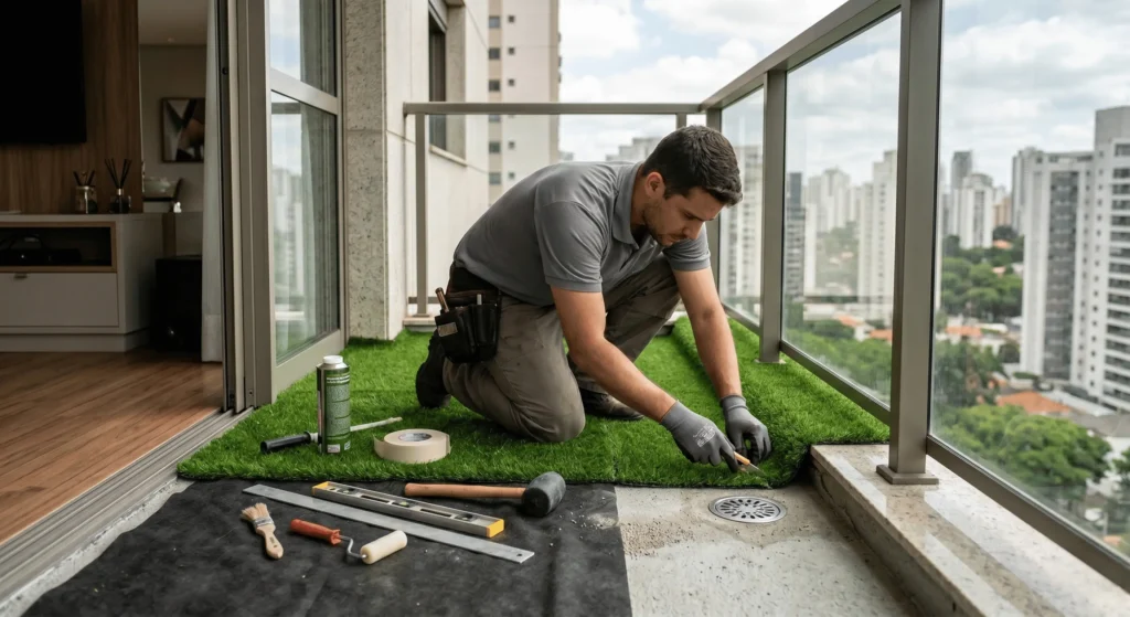 Profissional realizando instalação de grama sintética em apartamento
