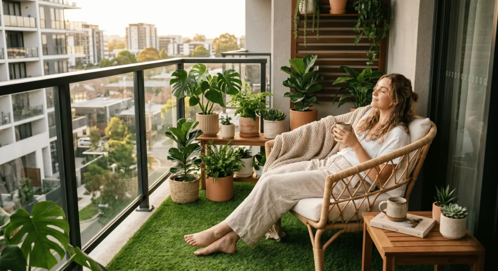 Pessoa relaxando em sacada pequena com grama sintética decorativa